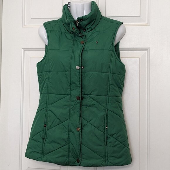 Tommy Hilfiger Puffer Vest Womens Jacket Green Multi Pockets Full zip Size XS - Picture 2 of 11